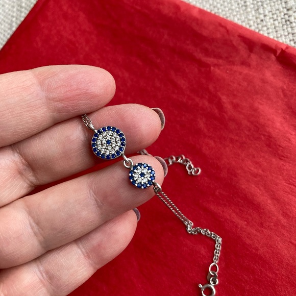 Evil Eye Silver Bracelet, double chain, 925 stamped, 2 eyes with cubic zirconia - Picture 3 of 8